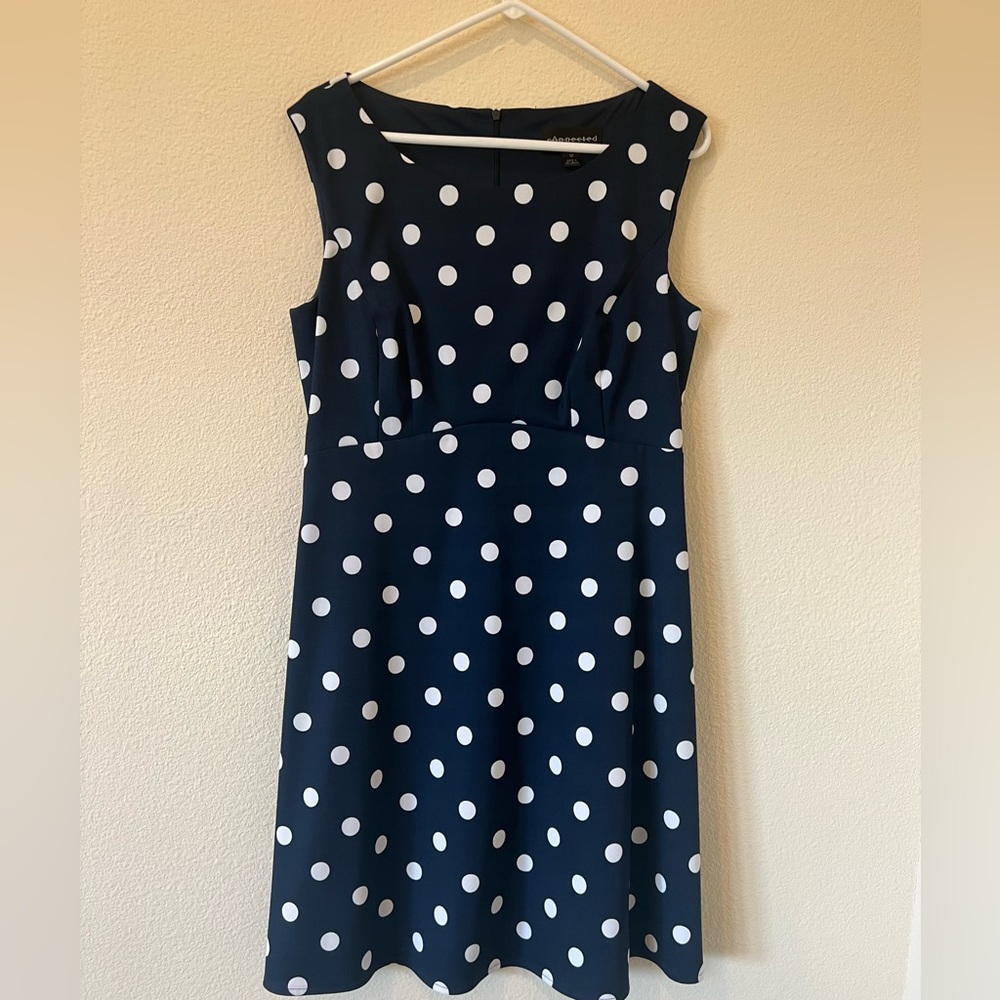 Navy knee length work dress with white polkadots size 12